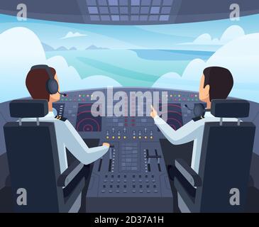 Airplane cockpit. Pilots sitting front of dashboard aircraft inside vector cartoon illustrations Stock Vector