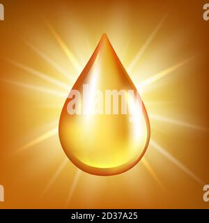 Oil drop. Gold transparent liquid organic water or oil splashes on glossy reflection vector background Stock Vector