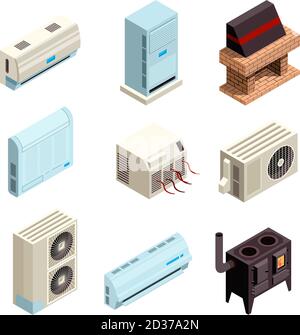 Air conditioner. Heating and cooling systems various types with compressors and pressure pipes vector pictures isometric Stock Vector