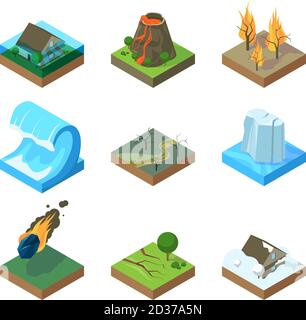 Natural disasters. Vulcano tornado thunderstorm fire in forest water flood tsunami vector isometric illustrations Stock Vector