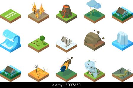 Natural disaster. Global climate change environment earthquake storm tsunami wildfire in forest flood vector pictures isometric Stock Vector