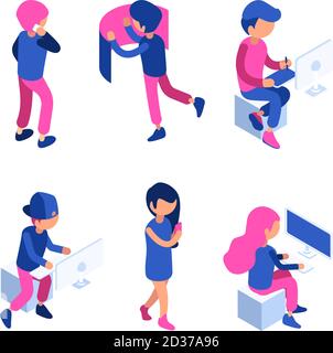Isometric people. Managers working workspace touching screen computer gadgets interactive interface dashboard website tablet vectors Stock Vector