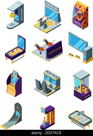 Game machines. Race simulator darts arcade funny games for kids pinball amusement park vector isometric machines Stock Vector