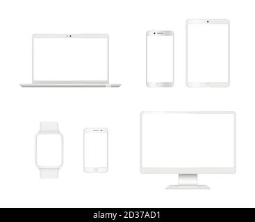 Computer devices mockup. Smartphone laptop tablet monitor display vector modern realistic gadgets Stock Vector