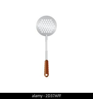 Rounded Spatula vector illustration isoalted on white background. Slotted spoon. Metal tool for frying with wooden handle. 7/35 Stock Vector
