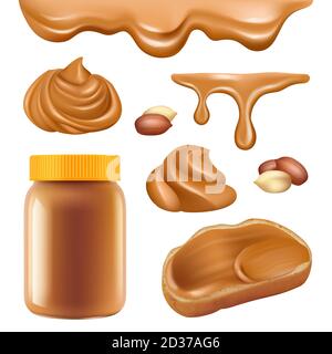 Peanut butter. Healthy dessert chocolate protein oily cream for sandwich spread caramel food vector realistic pictures Stock Vector