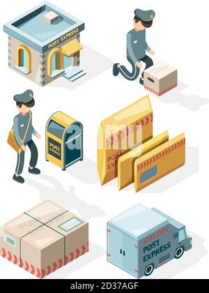 Postal service. Cargo delivery office postcards envelope postbox mail letters vector isometric illustrations Stock Vector