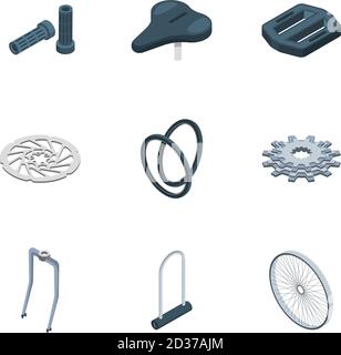 Bike parts. Bicycles components mechanical saddle fork crank seat hub vector isometric icons collection Stock Vector