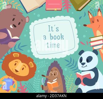 Animals reading books. Back to school background frame with funny animals around vector cartoon kids characters Stock Vector