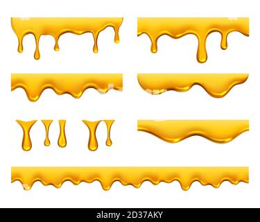 Dripping honey. Golden yellow realistic syrup or juice dripping liquid oil splashes vector template Stock Vector