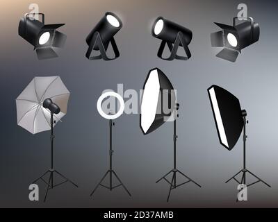 Photo studio accessories. Spotlights softboxes and glow and vivid backstage light vector realistic Stock Vector
