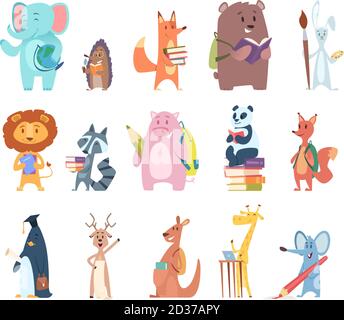 Back to school animals. Young funny zoo characters school items elephant rabbit bear fox squirrel backpack books vector characters Stock Vector