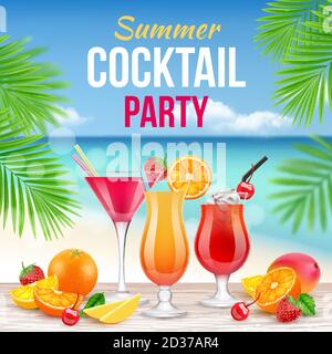 Cocktail party poster. Invitation to drinking alcohol summer party martini whiskey margarita vector realistic placard Stock Vector