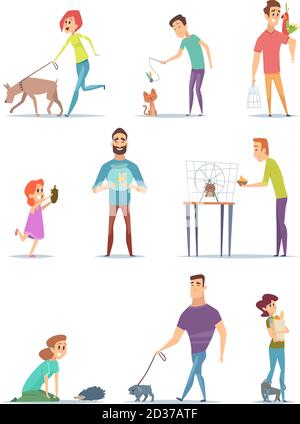 Animal owners. Happy domestic pets with young male and female holders animals cats dogs walking vector cartoons Stock Vector