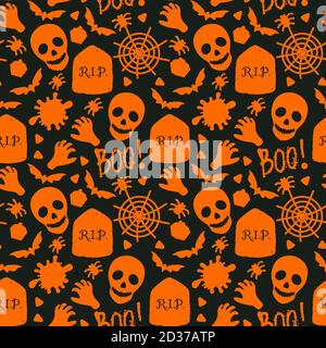 Happy Halloween Seamless pattern. Skull, Spiders, Sweets, zombie hands and Scary Boo. Vector holiday design surface texture. Cartoon orange Stock Vector