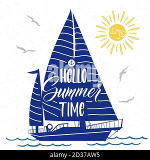 Cute vector summer poster with boat silhouette, sun, birds and lettering Hello summer time Stock Vector