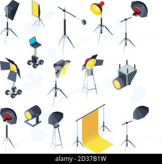 Photo studio tools. Video or tv production equipment flashing and directional light umbrella softbox photo studio vector tools Stock Vector