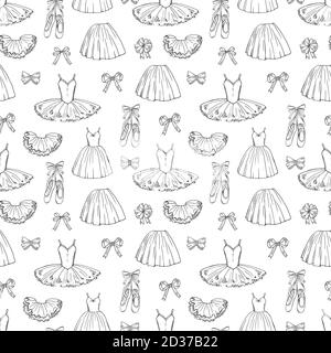 Hand sketched vector ballet dresses and shoes seamless pattern Stock Vector