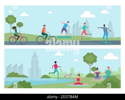 Sports people in the city park. Outdoor activity, international people riding bicycles, running, doing yoga vector illustration Stock Vector