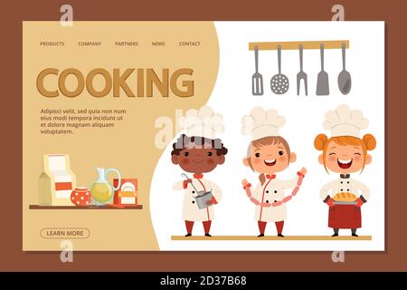 Cute kids chefs - cooking landing page banner template with cartoon character children and utensils Stock Vector