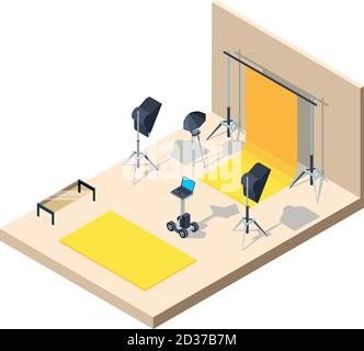 Photo studio interior. Photographing professional equipment camera lamps tripod softbox directional light flashes vector isometric Stock Vector