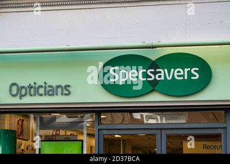 Derry, Northern Ireland- Sept 27, 2020: The sign for Specsavers Opticians  in Derry. Stock Photo