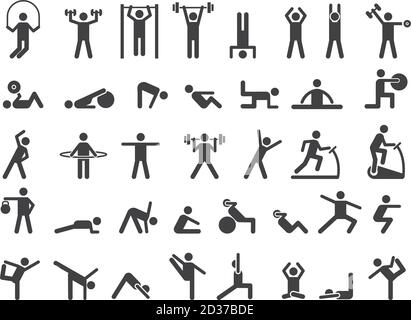Fitness symbols. Sport exercise stylized people making exercises vector icon Stock Vector