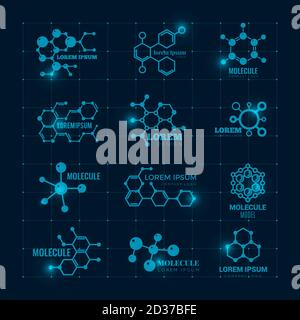 Molecular logo with shine effect. Chemistry dna molecule scientific structure atom icons vector set Stock Vector
