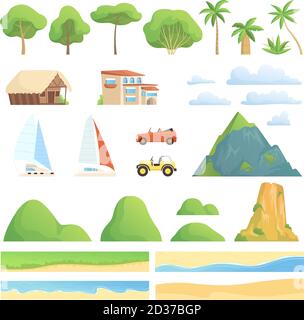 Landscape constructor. Rivers gardens houses transport mountains and hills trees vector cartoon creation kit collection Stock Vector
