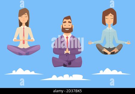 Meditation yoga business group. Vector character businesspeople relaxing in meditation poses Stock Vector