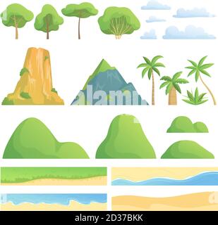 Landscape constructor. Creation kit with trees bushes mountains hills clouds coast sand and grass vector cartoon collection Stock Vector