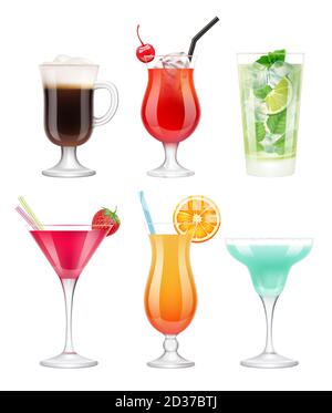 Alcoholic cocktails. Glasses with drinks tropical fruits decorated blue margarita vodka martini vector realistic template Stock Vector