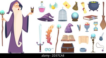 Magician tools. Wizard magic mystery broom potion witch hat and spell book vector cartoon pictures Stock Vector