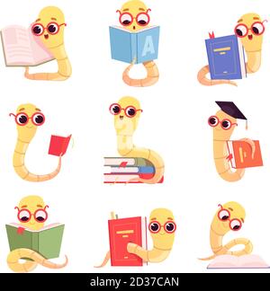 Bookworm characters. Worms kids reading books school little baby animal in library vector collection Stock Vector