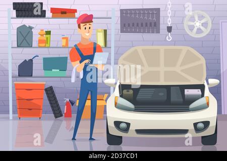 Mechanic in garage. Auto service man fixing repairing vehicle vector cartoon background Stock Vector