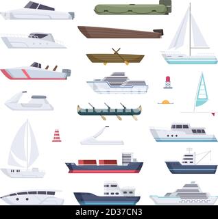 Boats. Water sea or ocean vessel small and big ships and sailor boats vector cartoon transport Stock Vector