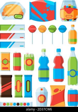 Snack fast food. Soda drinks chips nuts chocolate bars vendor machine products vector pictures Stock Vector