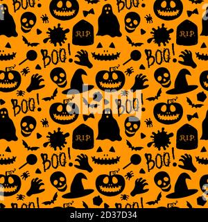 Happy Halloween Seamless pattern. Pumpkin Jack, Skull, Spiders, Sweets and Scary Boo. Vector celebration design surface texture. Cartoon black Stock Vector