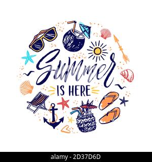 Summer is here hand drawn banner with sun, sunglasses, cocktails Stock Vector