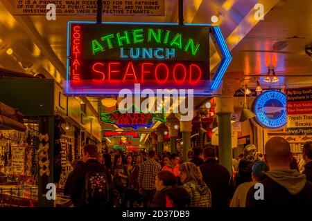 Colorful neon signs inside the Pike Place Market in Seattle, Washington State, USA. Stock Photo