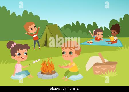 Kids summer camp vector background with children characters and camping elements Stock Vector