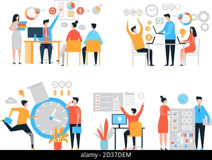 Work organization. Task management people productivity organize process efficiency vector stylized characters Stock Vector