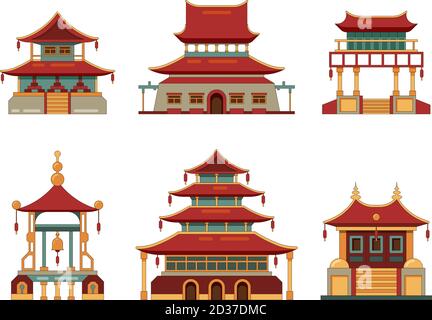 Traditional buildings. Japan and china cultural objects architecture pagoda gate palace heritage vector collection Stock Vector