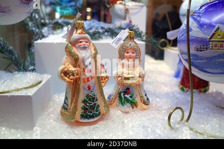 December 20, 2019 Moscow, Russia. Handmade Christmas toys on the store counter. Stock Photo