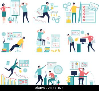 Business fail. Lossing managers bad management processes failed paperwork low graphs and indicators vector concept Stock Vector