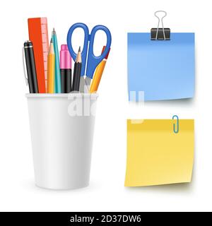 Realistic vector stationery collection. Pencil, pen, scissors, note paper Stock Vector