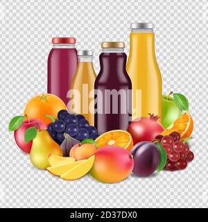Realistic fruits and juices vector isolated on transparent background Stock Vector