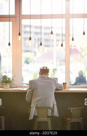 Rear view of a businessman or male freelancer sitting in cafe and working remotely, using laptop Stock Photo