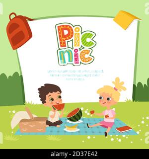 Picnic vector banner. Kids sitting in the garden and eat some fruits Stock Vector