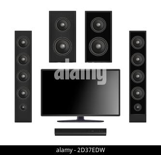 Screen tv. Flat plasma multimedia video system with console and sound speaker digital monitor vector realistic Stock Vector